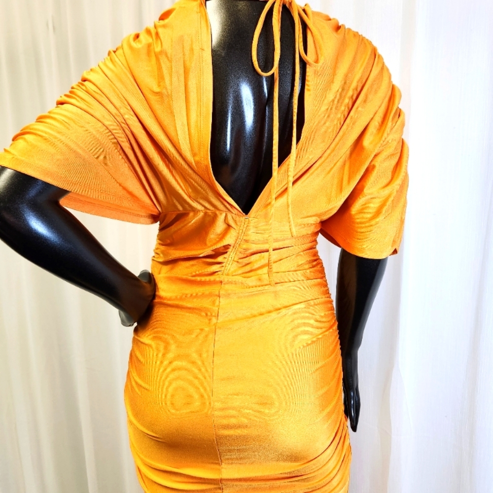 Elegant Ruched Dress In Mustard - Picture 10 of 15